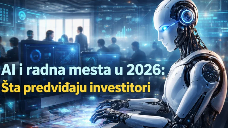 Futuristički robot u kancelariji radi uz hologramske ekrane, ilustracija teme AI i radna mesta u 2026.