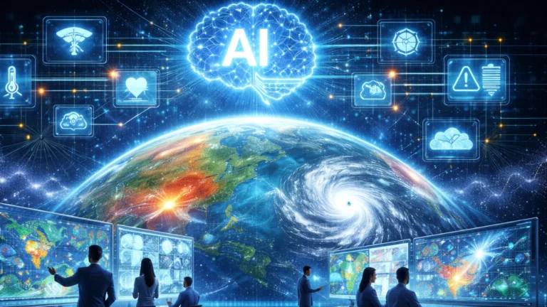 Ilustracija veštačke inteligencije u meteorologiji koja analizira globalne vremenske obrasce i ekstremne vremenske pojave