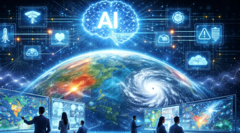 Ilustracija veštačke inteligencije u meteorologiji koja analizira globalne vremenske obrasce i ekstremne vremenske pojave