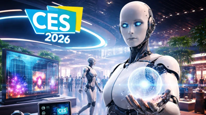Futuristički prikaz CES 2026 sajma elektronike sa humanoidnim robotima, AI uređajima, pametnim domom i naprednim ekranima