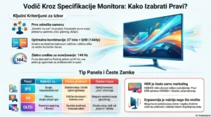 Infografika: vodič kroz specifikacije monitora (paneli IPS/VA/OLED, rezolucija QHD 1440p, osvežavanje 144 Hz, HDR i ergonomija).