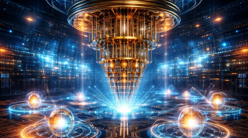 Ilustracija kvantnog računara sa qubitima i kvantnim vezama u futurističkom okruženju