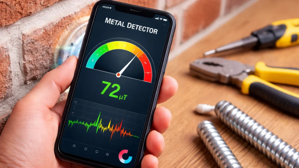 Pametni telefon meri magnetno polje (µT) u aplikaciji „Metal Detector“ pored zida i alata.