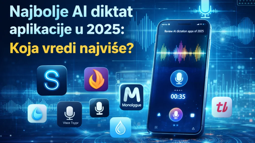 Pametni telefon sa AI transkripcijom i talasima zvuka, ilustracija teme najboljih AI diktat aplikacija u 2026.