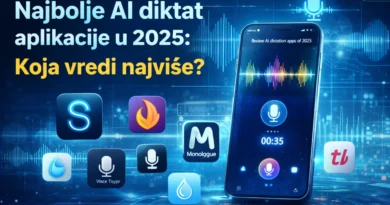 Pametni telefon sa AI transkripcijom i talasima zvuka, ilustracija teme najboljih AI diktat aplikacija u 2026.