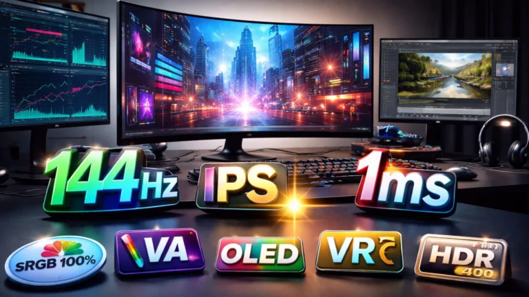 Radni sto sa više monitora i ikonama koje prikazuju ključne specifikacije monitora: 144 Hz, IPS, 1 ms, VA, OLED, VRR i HDR.