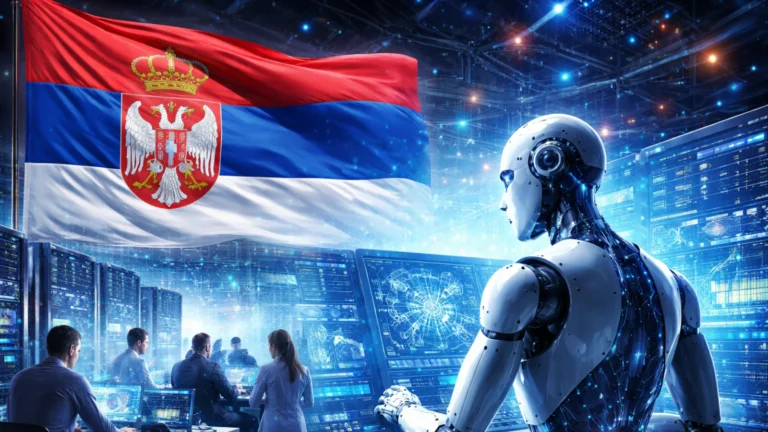 Srbija i AI trka: Nacionalni LLM između digitalnog suvereniteta i realnih mogućnosti 1 Humanoidni robot i stručnjaci u modernom data centru, uz vizuelne prikaze neuronskih mreža i srpsku zastavu u pozadini.