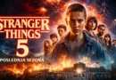Filmski poster-stil vizual sa natpisom “Stranger Things 5 – Poslednja sezona”, centralni portret i dramatična crveno-plava pozadina.