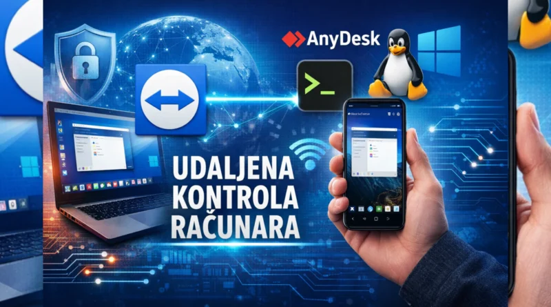 Udaljena kontrola računara: laptop i telefon povezani (TeamViewer/AnyDesk), uz ikone Windows i Linux.