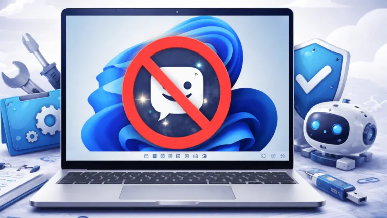 Kako ukloniti Copilot i druge AI alate iz Windowsa 11 (vodič, 2026) 1 Ilustracija laptopa sa Windows 11 interfejsom i zabranjenim Copilot AI simbolom