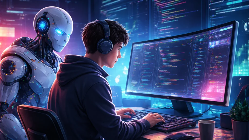 Programer radi za računarom dok AI robot asistira u pozadini, futuristička scena razvoja softvera.