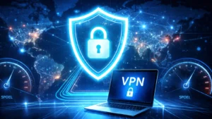 Ilustracija VPN bezbednosti i internet veze sa zaključanim štitom i globalnom mrežom