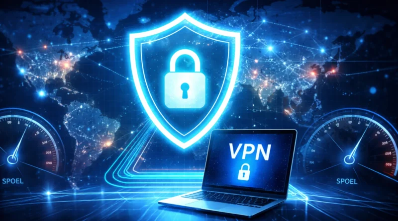 Ilustracija VPN bezbednosti i internet veze sa zaključanim štitom i globalnom mrežom