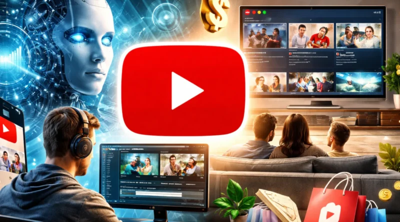 Ilustracija YouTube platforme u 2026. sa fokusom na veštačku inteligenciju, gledanje na pametnim televizorima i ekonomiju kreatora.
