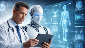 Doktor koristi tablet pored AI robota u futurističkom medicinskom okruženju sa digitalnim zdravstvenim prikazima.