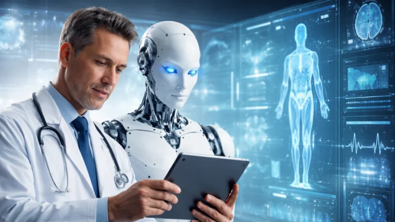 Doktor koristi tablet pored AI robota u futurističkom medicinskom okruženju sa digitalnim zdravstvenim prikazima.
