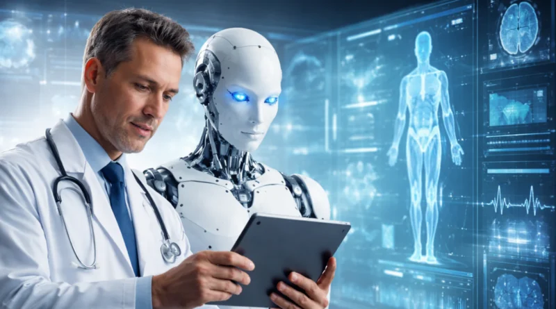 Doktor koristi tablet pored AI robota u futurističkom medicinskom okruženju sa digitalnim zdravstvenim prikazima.