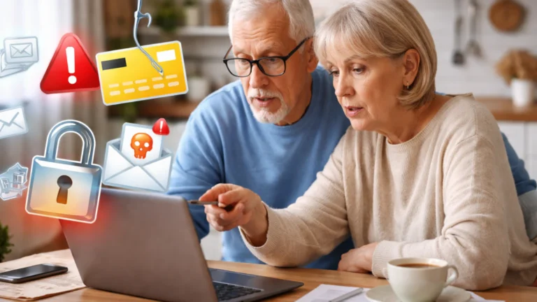 Kako bezbedno koristiti internet u trećem dobu 1 Stariji bračni par koristi laptop dok se na ekranu pojavljuju upozorenja na phishing, bankarske i online prevare.