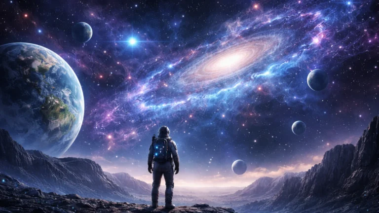 Astronaut posmatra spiralnu galaksiju i planete u dubokom svemiru – ilustracija Fermijevog paradoksa