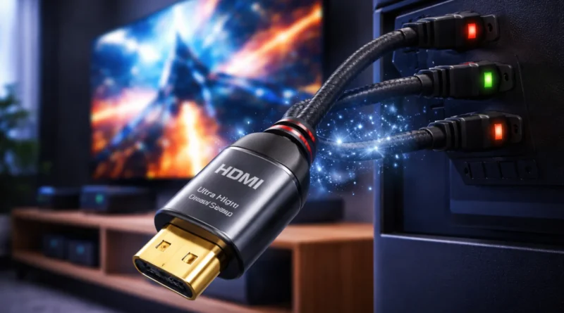 HDMI kabl povezan sa modernim televizorom, prikaz mogućih problema sa signalom i kvalitetom slike