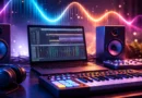 Kućni muzički studio sa laptopom, DAW programom, MIDI klavijaturom i studijskim monitorima uz svetleće zvučne talase.