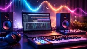Kućni muzički studio sa laptopom, DAW programom, MIDI klavijaturom i studijskim monitorima uz svetleće zvučne talase.