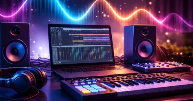 Kućni muzički studio sa laptopom, DAW programom, MIDI klavijaturom i studijskim monitorima uz svetleće zvučne talase.