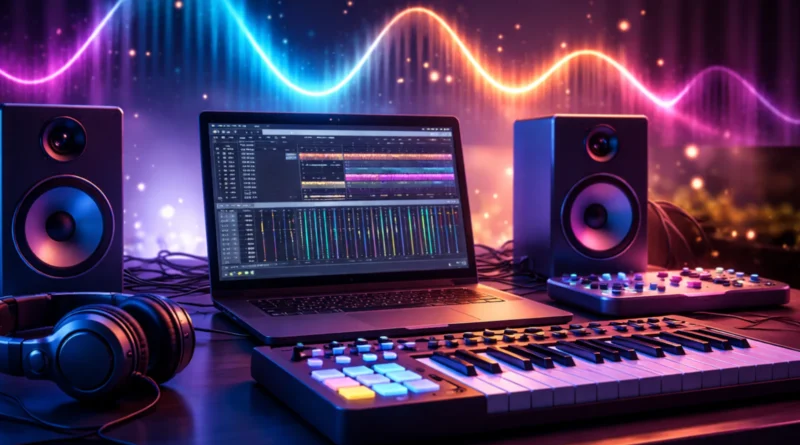 Kućni muzički studio sa laptopom, DAW programom, MIDI klavijaturom i studijskim monitorima uz svetleće zvučne talase.