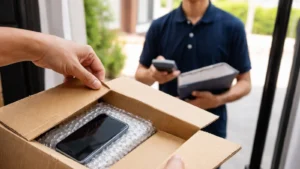 Otvaranje paketa pri dostavi dok kurir stoji na vratima, ilustracija online kupovine i provere pošiljke u Srbiji.