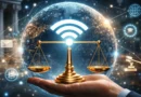 Vaga pravde sa WiFi simbolom ispred digitalne planete kao simbol prava na pristup internetu