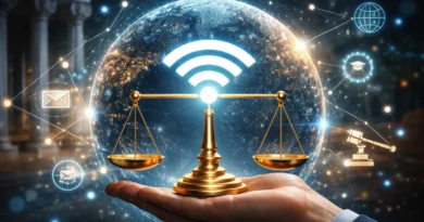 Vaga pravde sa WiFi simbolom ispred digitalne planete kao simbol prava na pristup internetu