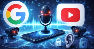 Ilustracija pametnog telefona sa mikrofonom i simbolima Google i YouTube, koncept digitalne privatnosti i prisluškivanja