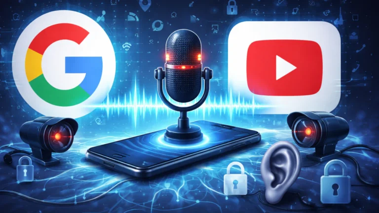 Ilustracija pametnog telefona sa mikrofonom i simbolima Google i YouTube, koncept digitalne privatnosti i prisluškivanja