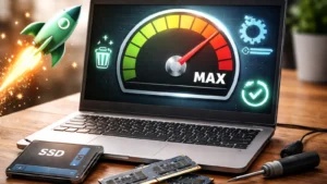 Stari laptop sa prikazom brzine rada, SSD i RAM memorija kao simbol ubrzanja Windows 10 i 11 računara