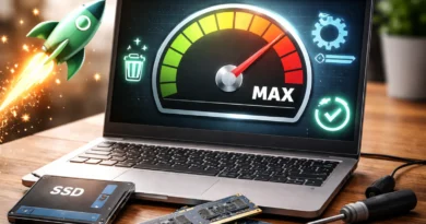 Stari laptop sa prikazom brzine rada, SSD i RAM memorija kao simbol ubrzanja Windows 10 i 11 računara