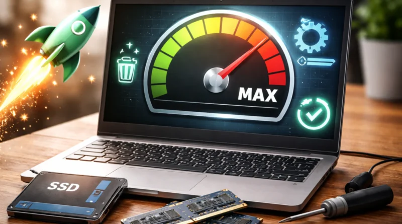Stari laptop sa prikazom brzine rada, SSD i RAM memorija kao simbol ubrzanja Windows 10 i 11 računara