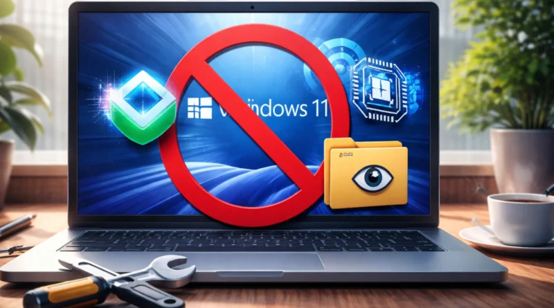 Laptop sa Windows 11 ekranom i znakom zabrane, uz ikone AI funkcija (Copilot, Recall) i alat za podešavanje.