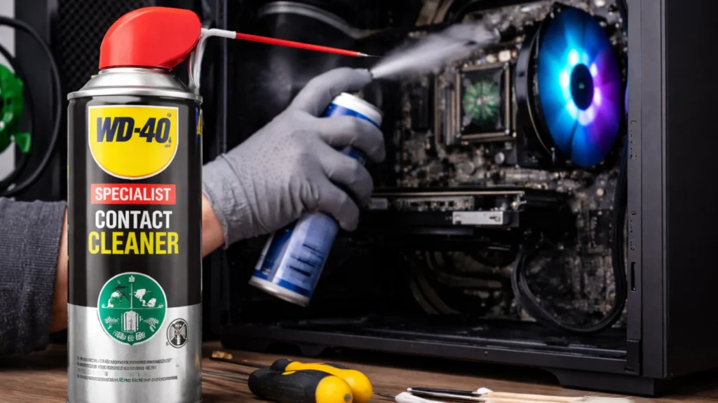 Čišćenje unutrašnjosti desktop računara uz WD-40 Specialist kontakt sprej i komprimovani vazduh