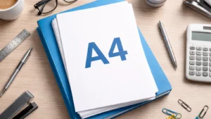 Radni sto sa belim listovima papira A4 formata i kancelarijskim priborom u urednom rasporedu