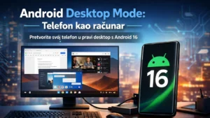 elefon sa Android 16 povezan na monitor, prikazan desktop interfejs sa više prozora