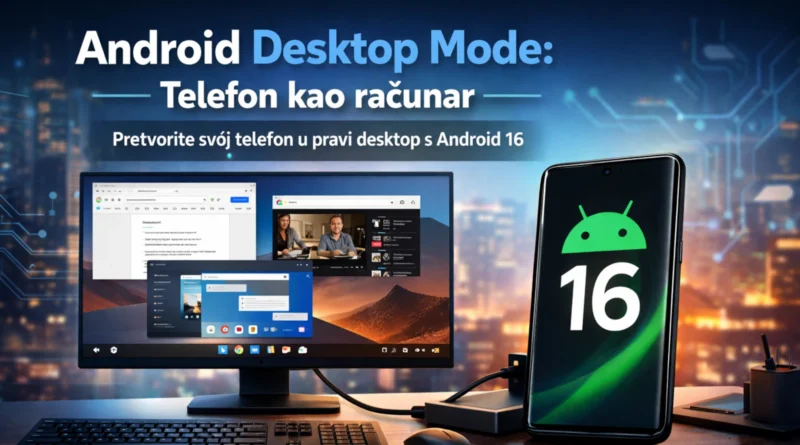 elefon sa Android 16 povezan na monitor, prikazan desktop interfejs sa više prozora
