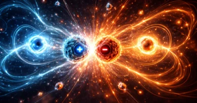 Ilustracija antimaterije i materije u trenutku anihilacije sa prikazom čestica i oslobađanja energije u svemiru