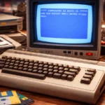 Commodore 64 računar na stolu uz CRT monitor, diskete i retro opremu