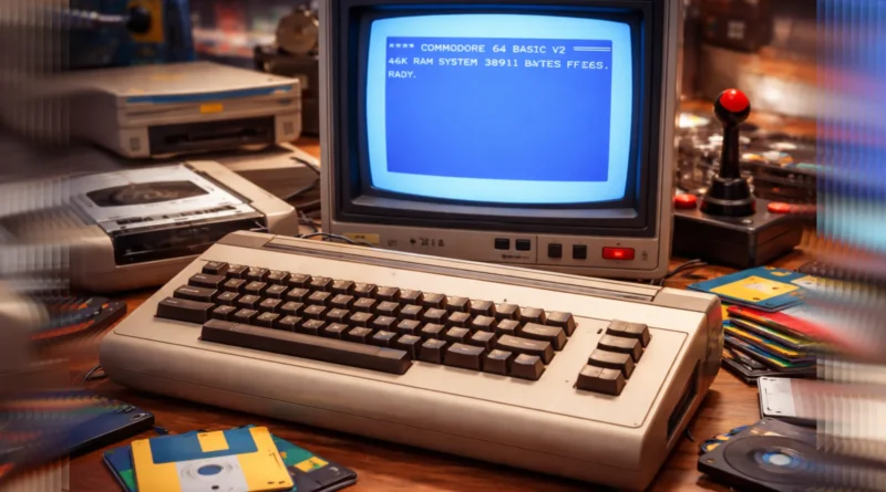 Commodore 64 računar na stolu uz CRT monitor, diskete i retro opremu