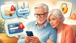 Seniori gledaju sumnjivu poruku na telefonu uz simbole phishing prevare, upozorenja i zaštite naloga