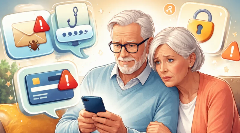 Seniori gledaju sumnjivu poruku na telefonu uz simbole phishing prevare, upozorenja i zaštite naloga