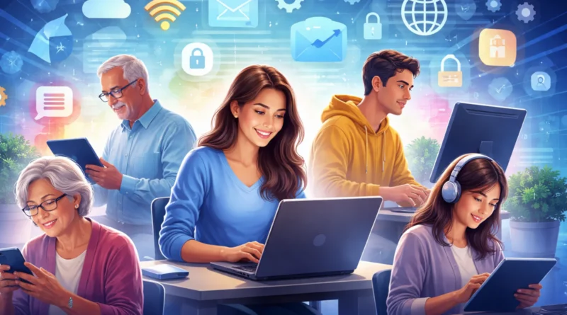 Ilustracija digitalne i kompjuterske pismenosti sa ljudima različitih generacija koji koriste laptopove, tablete i pametne telefone u modernom digitalnom okruženju