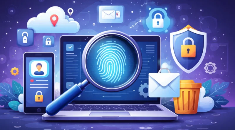 Ilustracija digitalnog otiska na ekranu laptopa uz ikone privatnosti, zaključavanja i bezbednosti na internetu