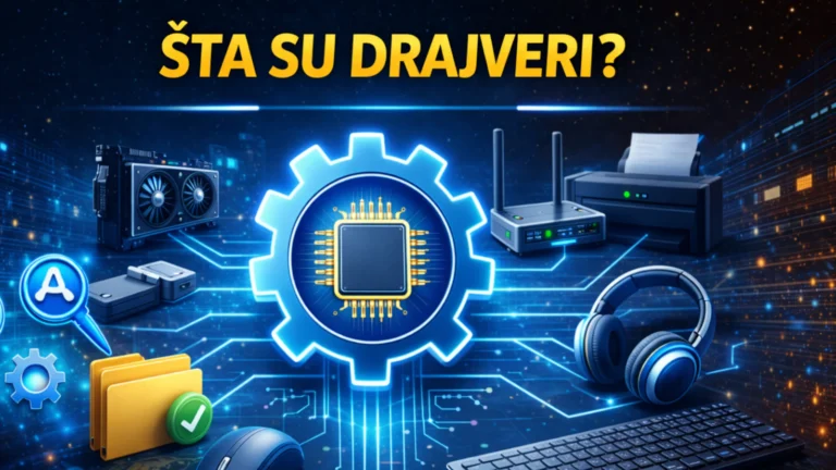 Ilustracija drajvera kao softverskog mosta između operativnog sistema i hardverskih uređaja poput grafičke karte, rutera, štampača i tastature.