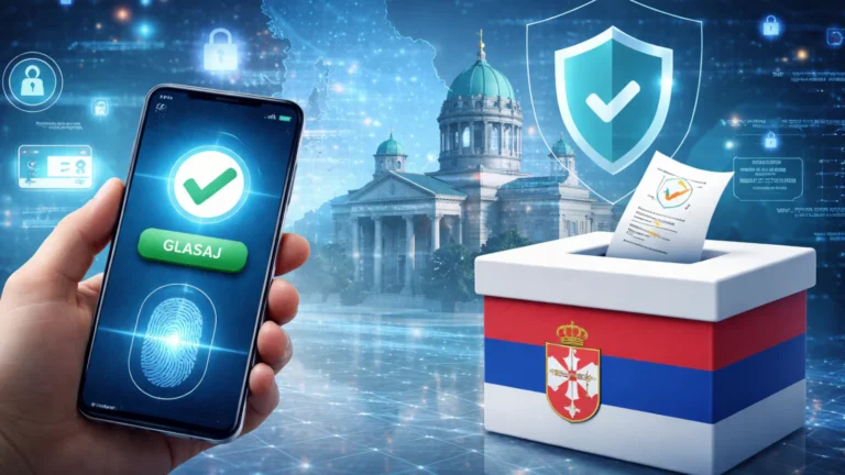 Pametni telefon sa digitalnim glasanjem, biometrijskom potvrdom i glasačka kutija sa simbolima Srbije, ilustracija elektronskog glasanja i bezbednosti izbora.